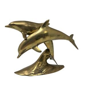 Vintage Solid Brass Dolphin Sculpture Coastal Nautical Beach House Decor